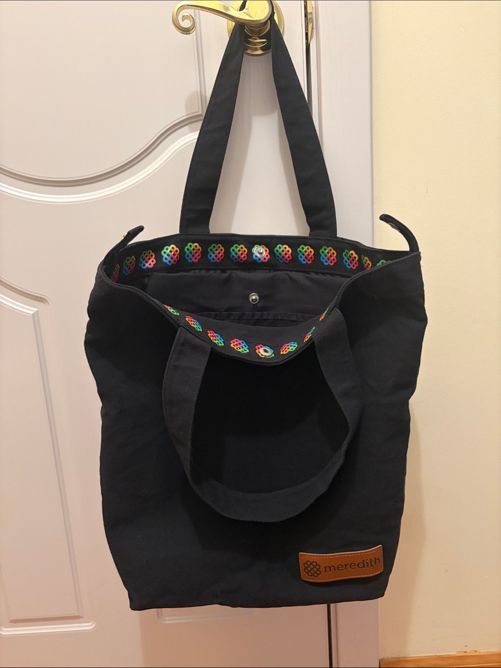 Meredith Black Canvas Tote with Rainbow Trim